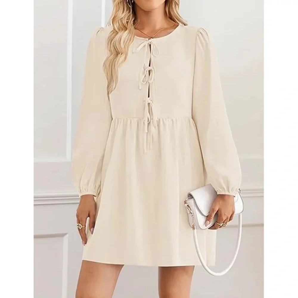 NWT Women's Dress Fall Long Puff Sleeve Self Tie Front Babydoll A Line Dress S - Picture 1 of 9